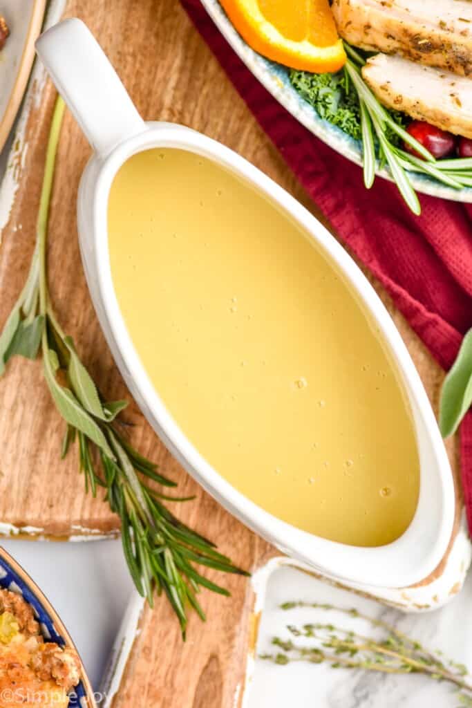 overhead picture of a a gravy boat filled with turkey gravy recipe