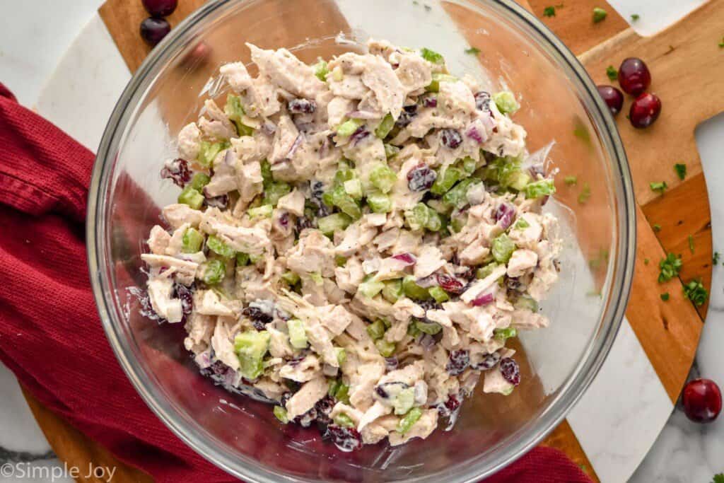 overhead of turkey salad mixed together in a bowl