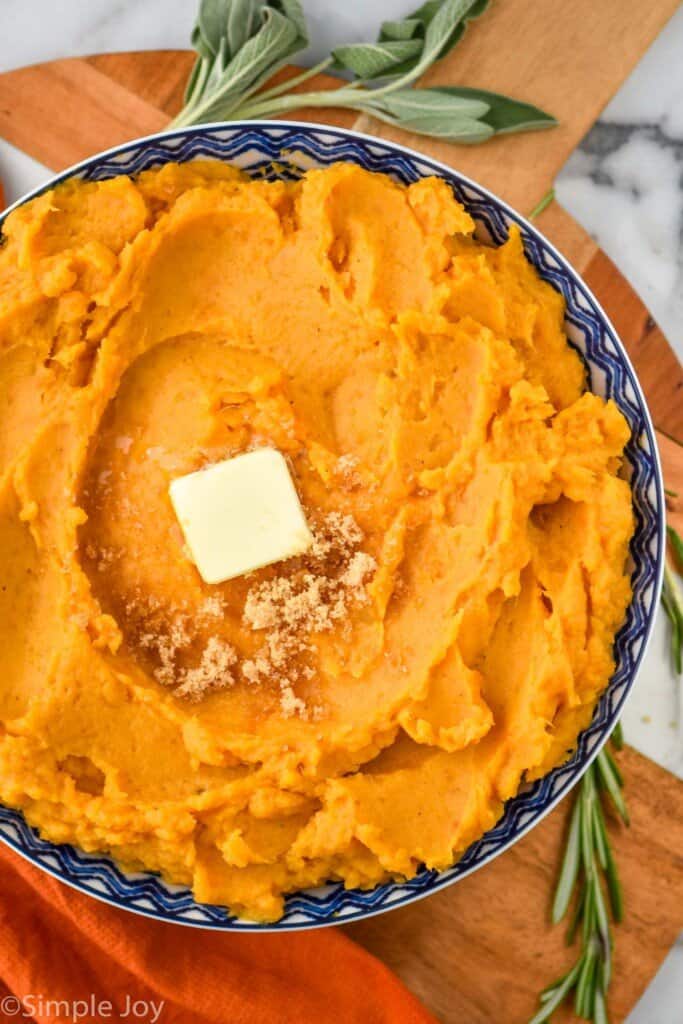 overhead of a bowl of mashed sweet potatoes recipe