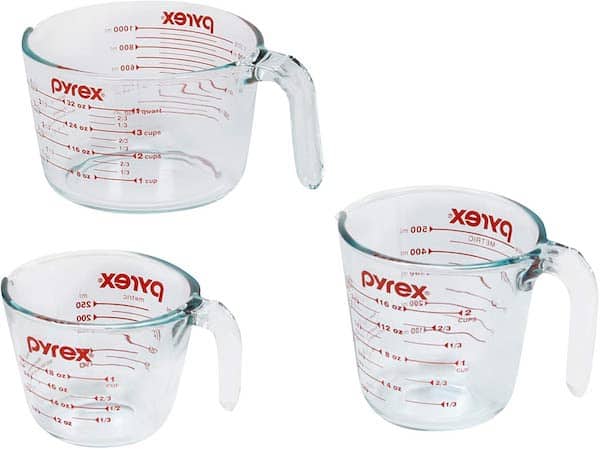 three different size pyrex measuring cups