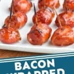 pinterest graphic of bacon wrapped water chestnuts on a platter