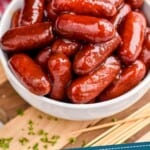 Pinterest graphic of a bowl of little smokies recipe