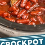 pinterest graphic of lil smokies being spooned up from a crockpot