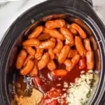 Pinterest graphic of overhead view of crockpot little smokies recipe broken up by ingredient