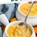 pinterest graphic of a spoon dipping into a bowl of instant pot broccoli cheddar soup