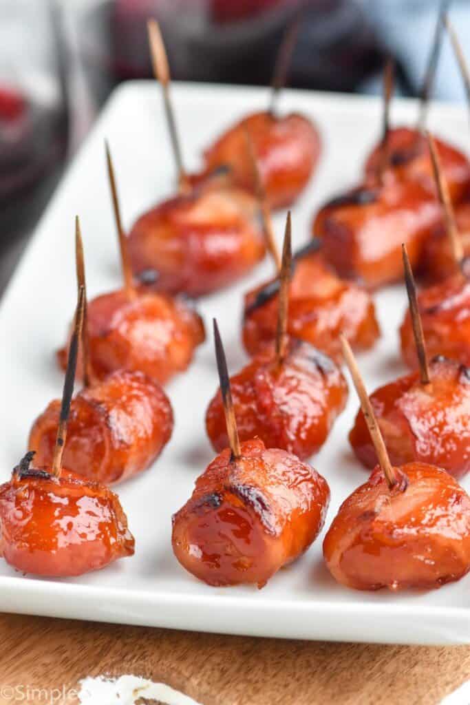 bacon wrapped water chestnuts on a platter