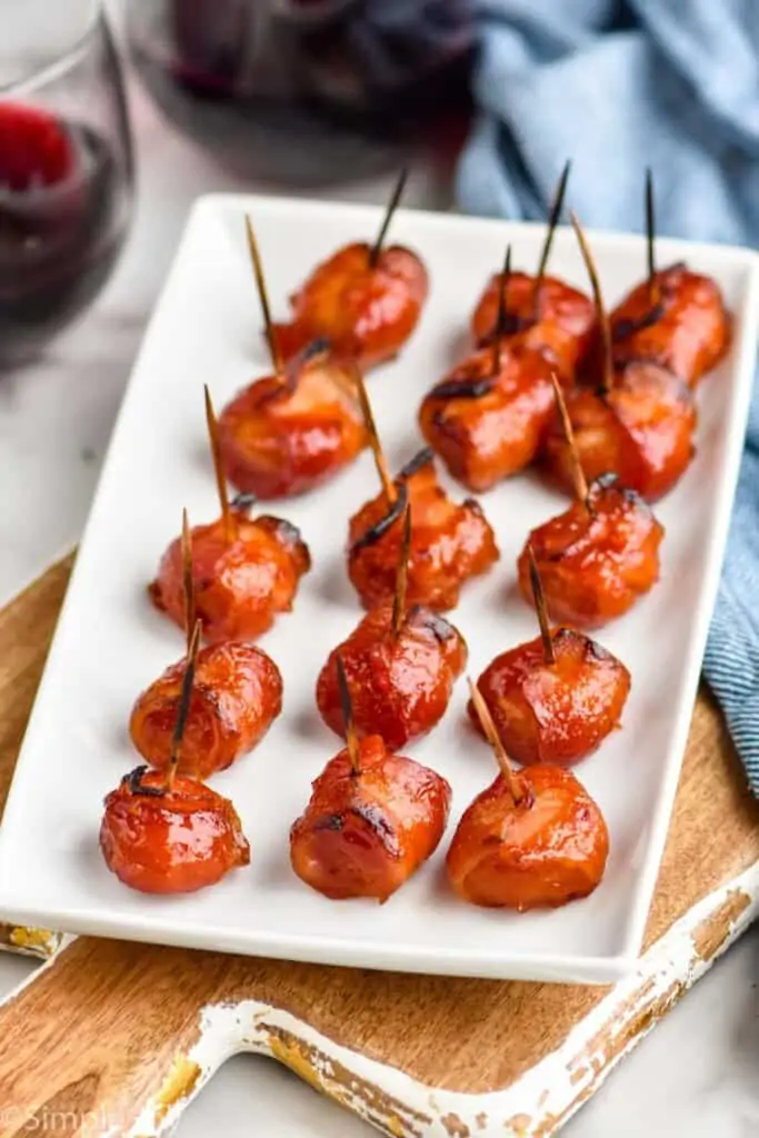 bacon wrapped water chestnuts on a platter
