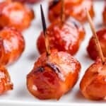 close up of a bacon wrapped water chestnut recipe on a platter