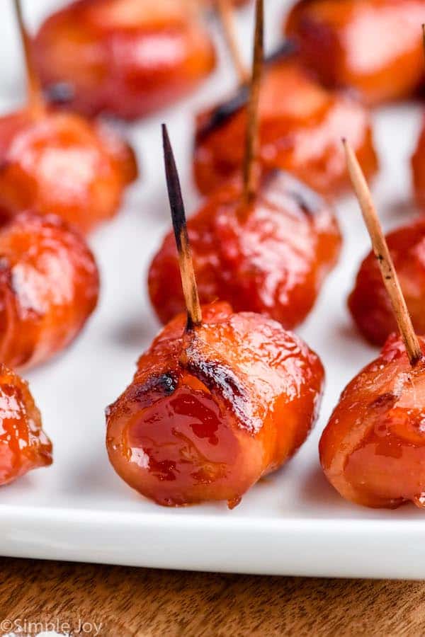 close up of a bacon wrapped water chestnut recipe on a platter