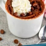 pinterest graphic of a small white mug with a chocolate mug cake in it, topped with whipped cream