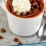 pinterest graphic of a small white mug with a chocolate mug cake in it, topped with whipped cream