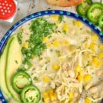 Pinterest graphic of overhead of a bowl of white chicken chili