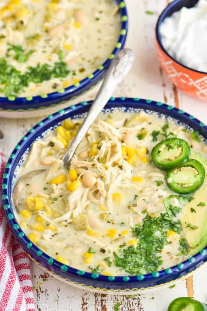 side view of a bowl of white chicken chili