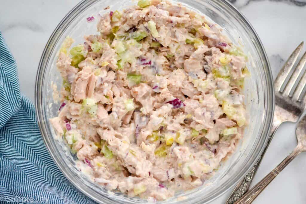 overhead view of bowl of tuna salad
