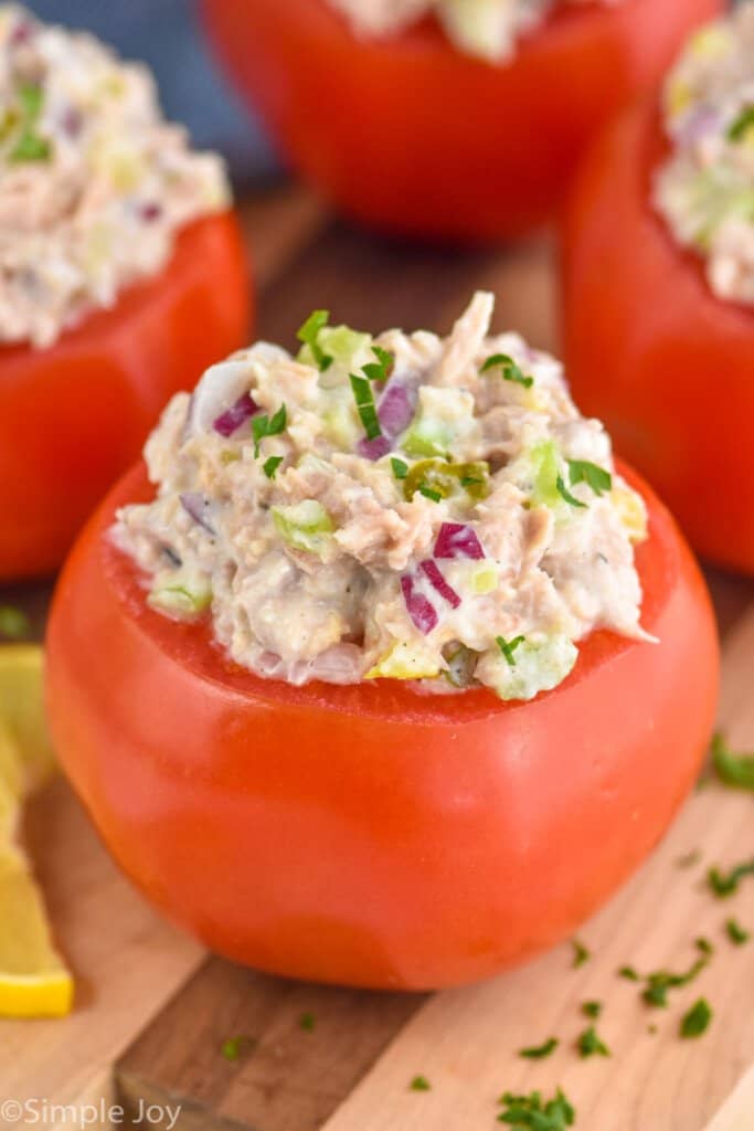 close up of a tuna stuffed tomato