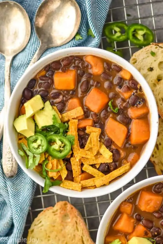 overhead view of a bowl of began black bean soup recipe