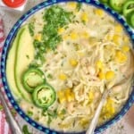 overhead of a bowl of white chicken chili - 9