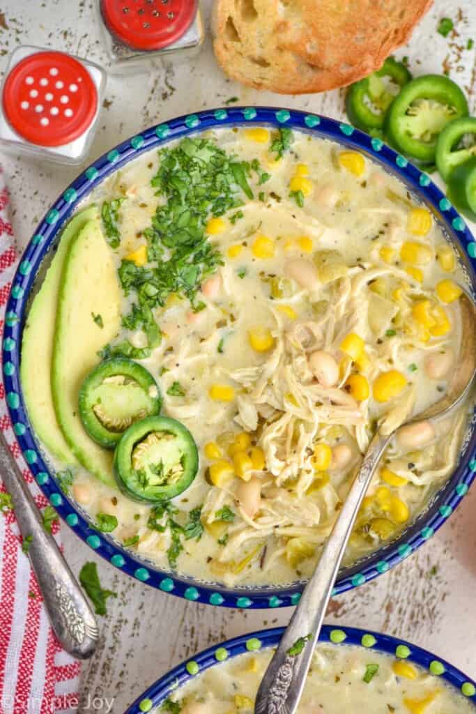 overhead of a bowl of white chicken chili