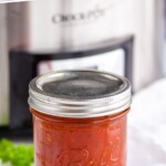 pinterest graphic of mason jar with slow cooker spaghetti sauce