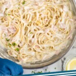 pinterest graphic of overhead of a pan of salmon alfredo