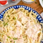pinterest graphic of overhead of a bowl of salmon fettuccine alfredo