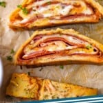 pinterest graphic of overhead of a stromboli recipe