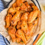 overhead of a basket of crispy baked chicken wings