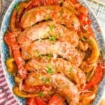 overhead of sausage and peppers recipe on a platter - 8