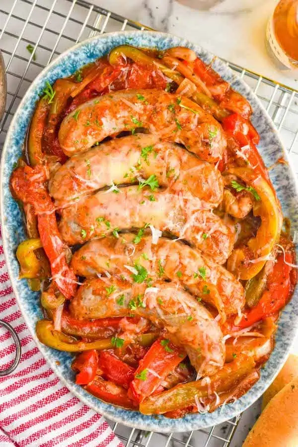 overhead of sausage and peppers recipe on a platter