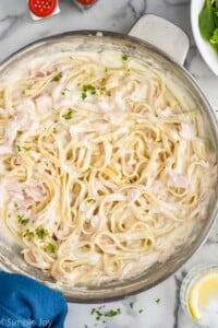 overhead of a pan of salmon alfredo