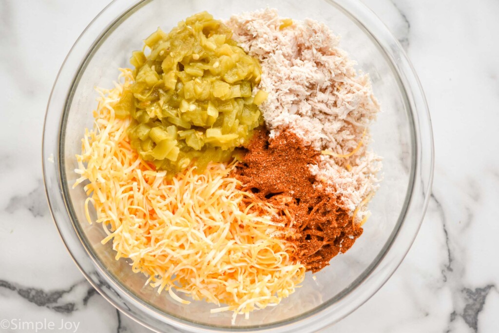 overhead of a bowl with shredded chicken, cheese, green chiles, and taco seasoning in it