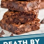 Pinterest graphic of a stack of four chocolate brownies with the top one missing a bite