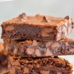 pinterest graphic of a stack of chocolate brownies