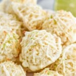 pinterest graphic of a plate of lime coconut macaroons