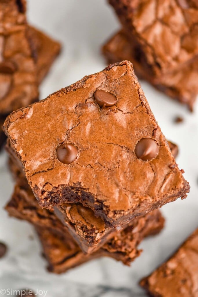 overhead of a stack of chocolate brownie recipe