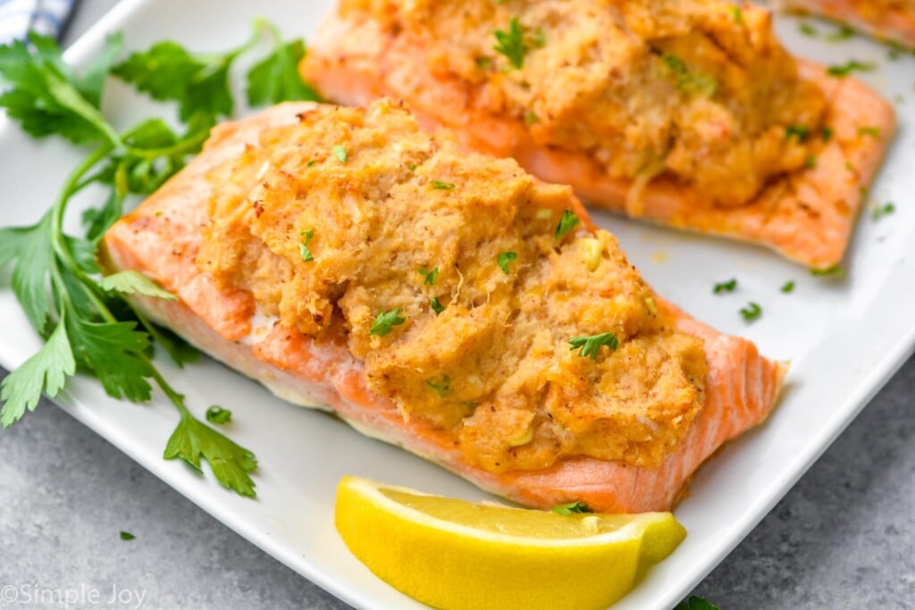 close up side view of salmon stuffed with crab