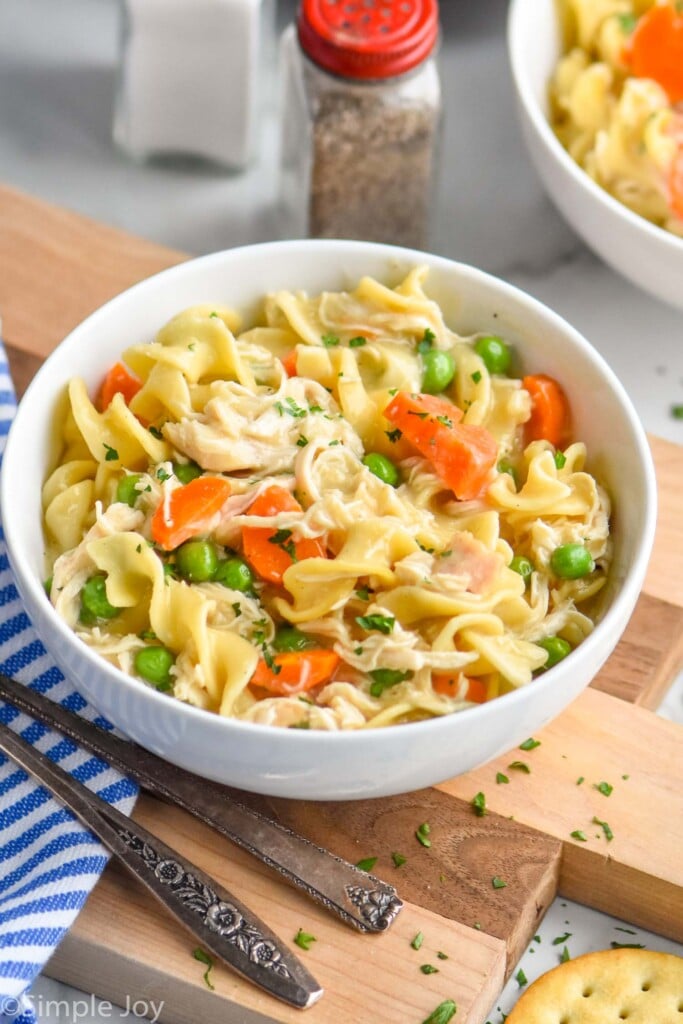 close up of a bowl of crockpot chicken and noodles recipe