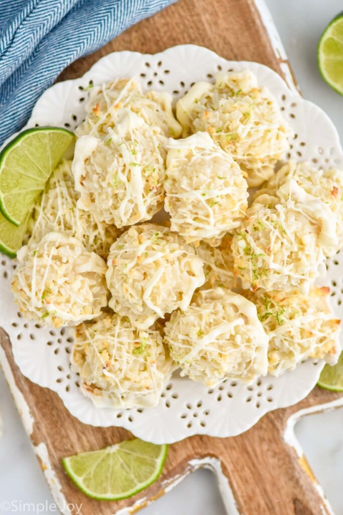 overhead of a plate of lime coconut macaroons