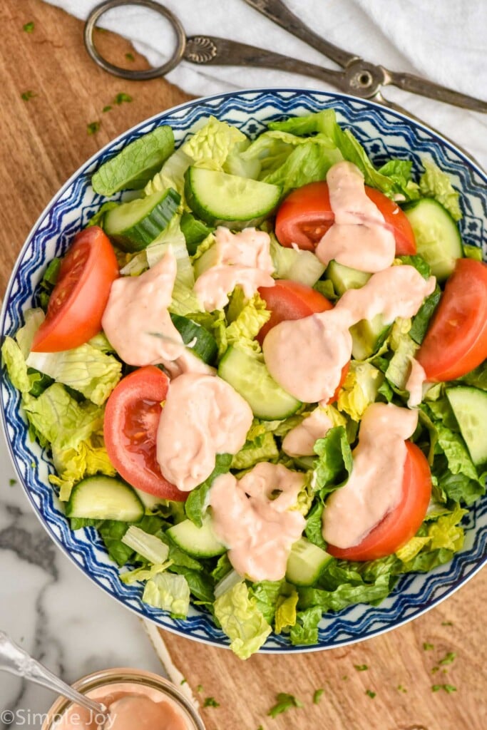 overhead view of a salad with Russian dressing
