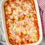 overhead of stuffed shells recipe in a casserole dish - 9