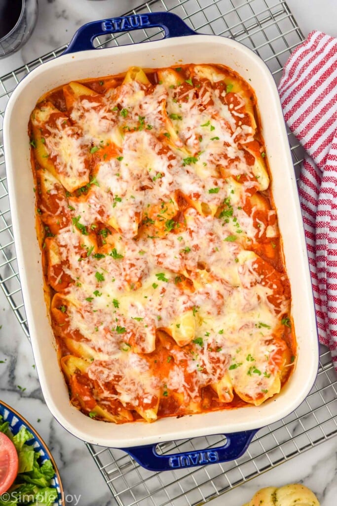 overhead of stuffed shells recipe in a casserole dish