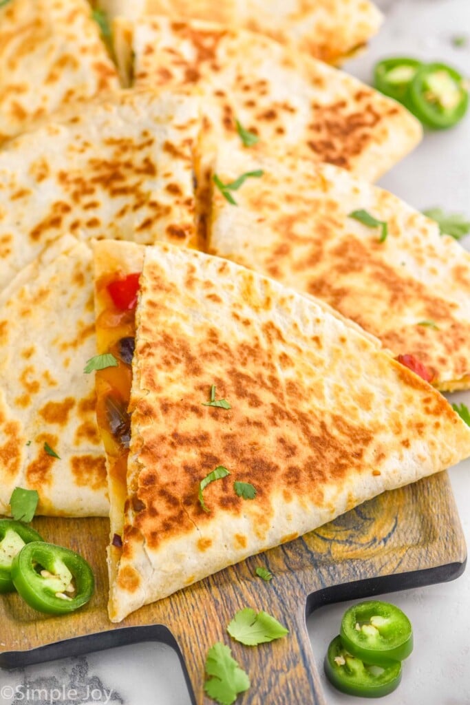 close up of cut up vegetarian quesadillas on a platter