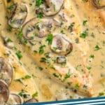 pinterest graphic of up close of chicken mushroom recipe in creamy sauce