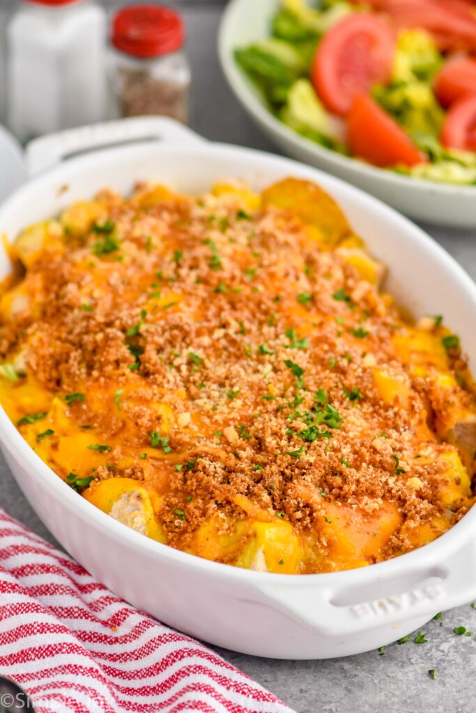 side view of a chicken divan recipe in a casserole dish