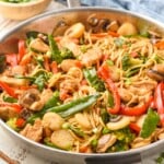 side view of a skillet full of chicken lo mein - 9