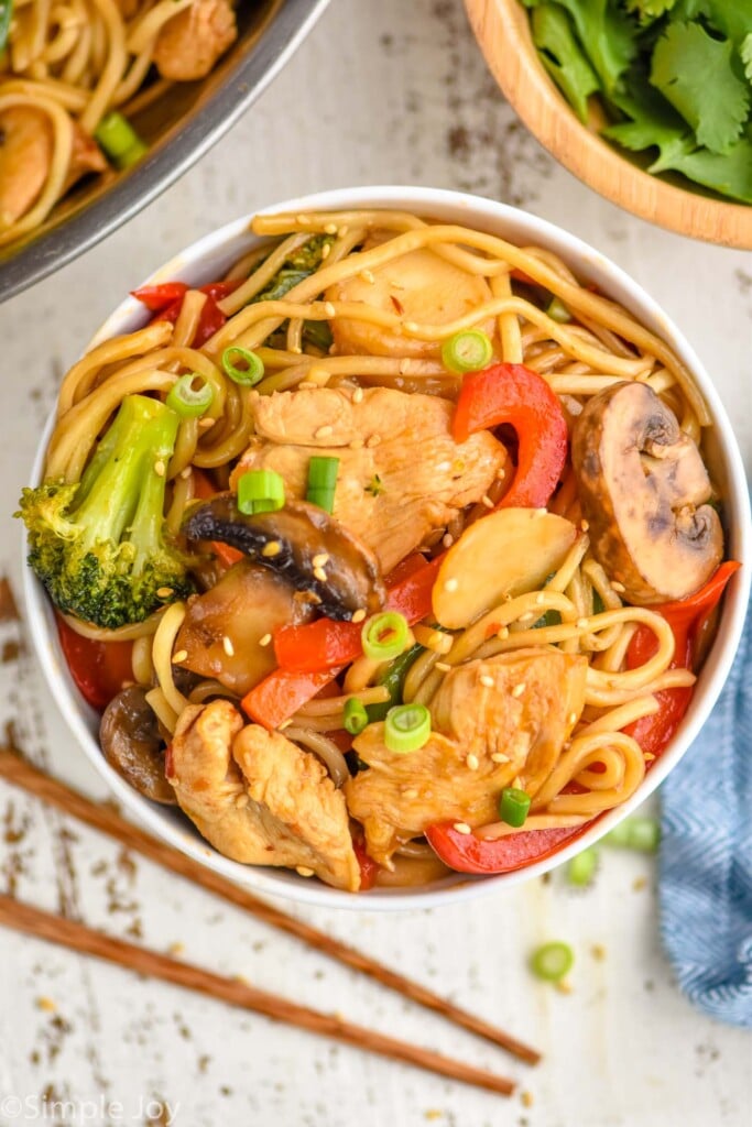 over head of a bowl of lo mein chicken