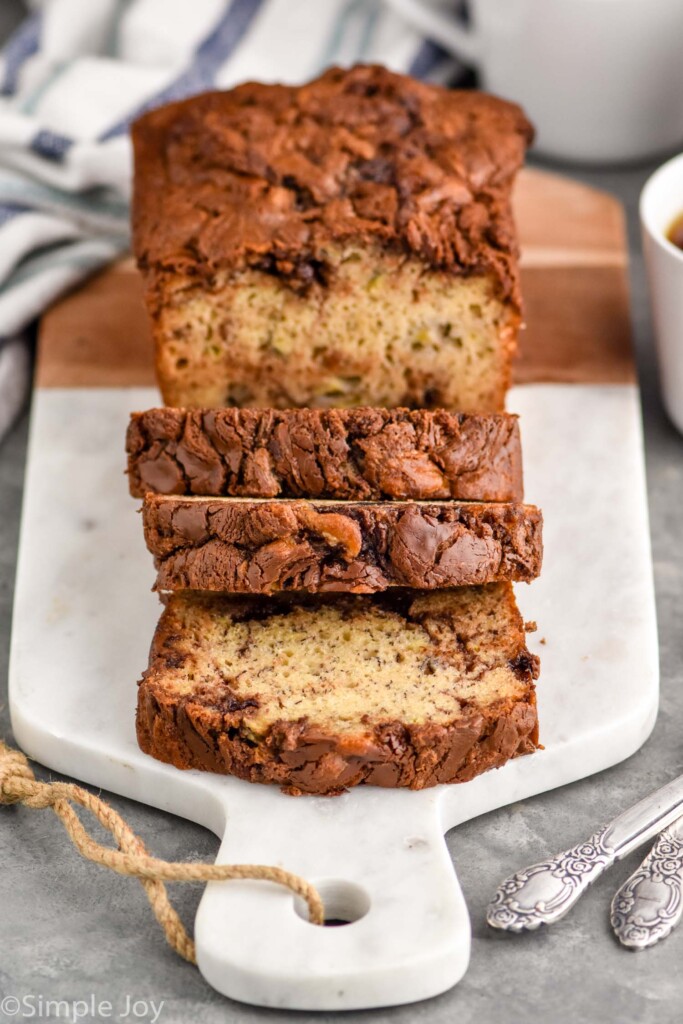 nutella banana bread cut up on a cutting board