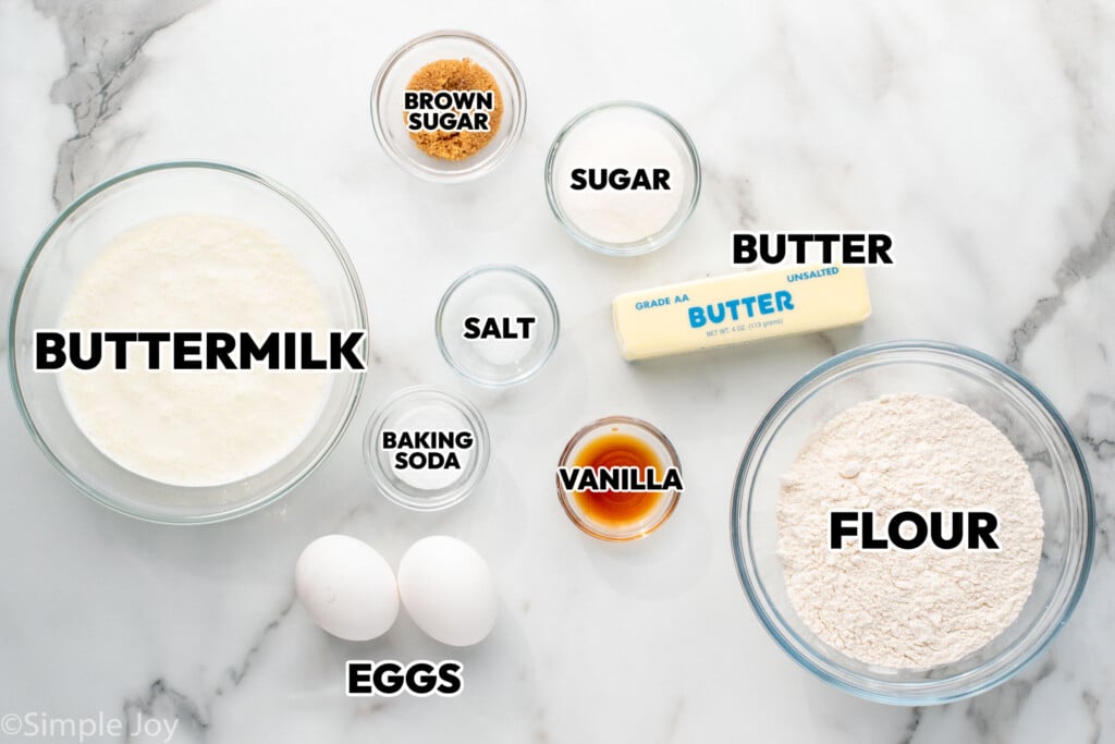 overhead of ingredients for pancakes that are labeled - 6