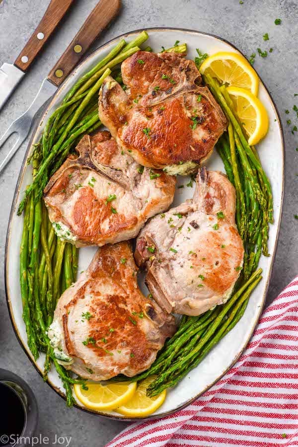 overhead of a platter of stuffed pork chop recipe