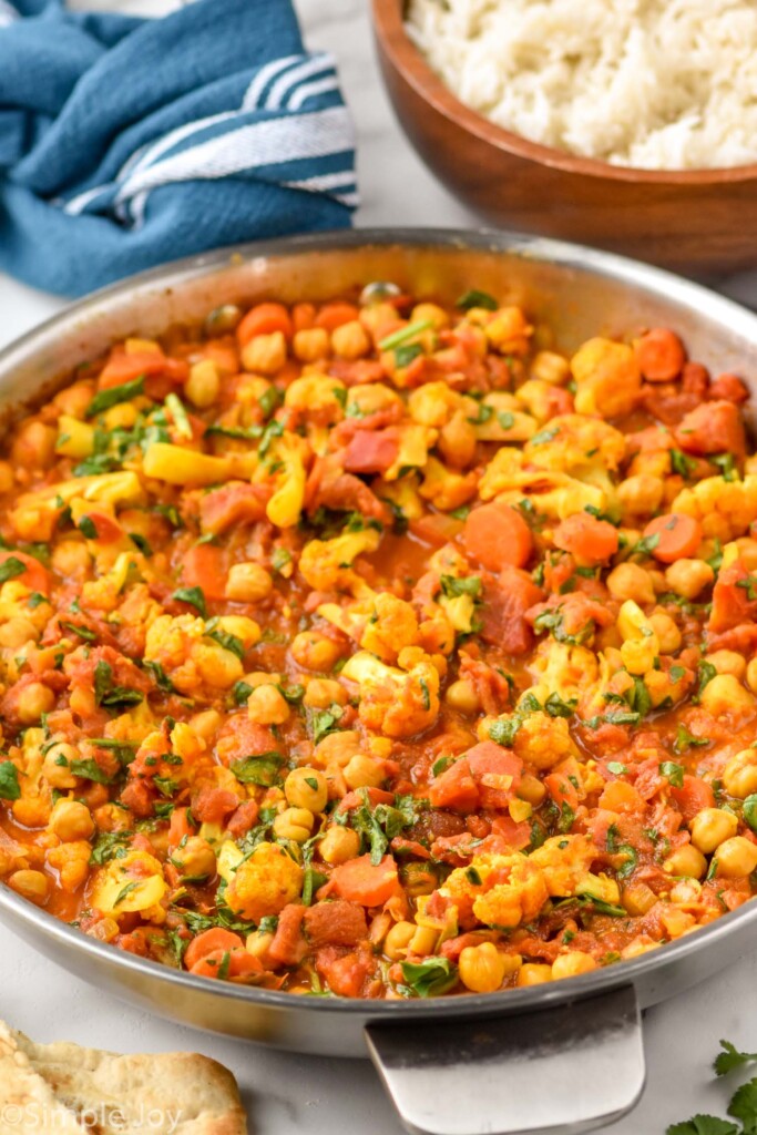 side view of a skillet full of vegetarian curry